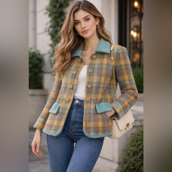 Lilly Jackets & Blazers - Vintage Bouclé Plaid Jacket Blazer by Lilly | Gold Button Double Breasted | M/L